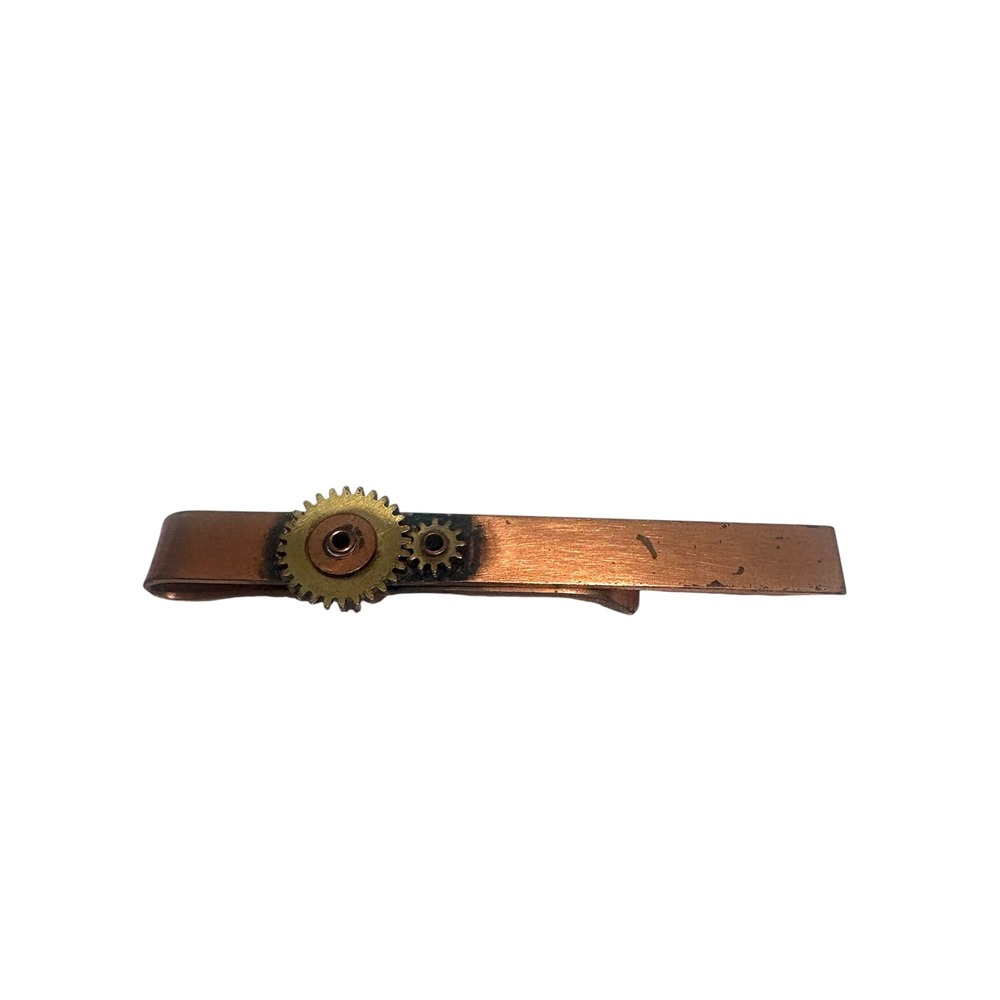 FRANK REBAJES Copper Brass Gears Modernist Cufflinks Tie Clip Set, 1950s - Picture 2 of 11